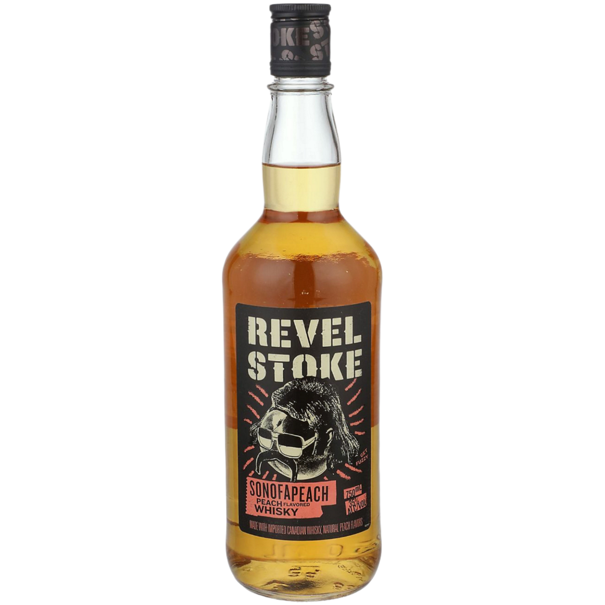 Revel Stoke Peach Canadian Whiskey by Liquor Geeks, 1-liter bottle with amber liquid and label featuring peach imagery.