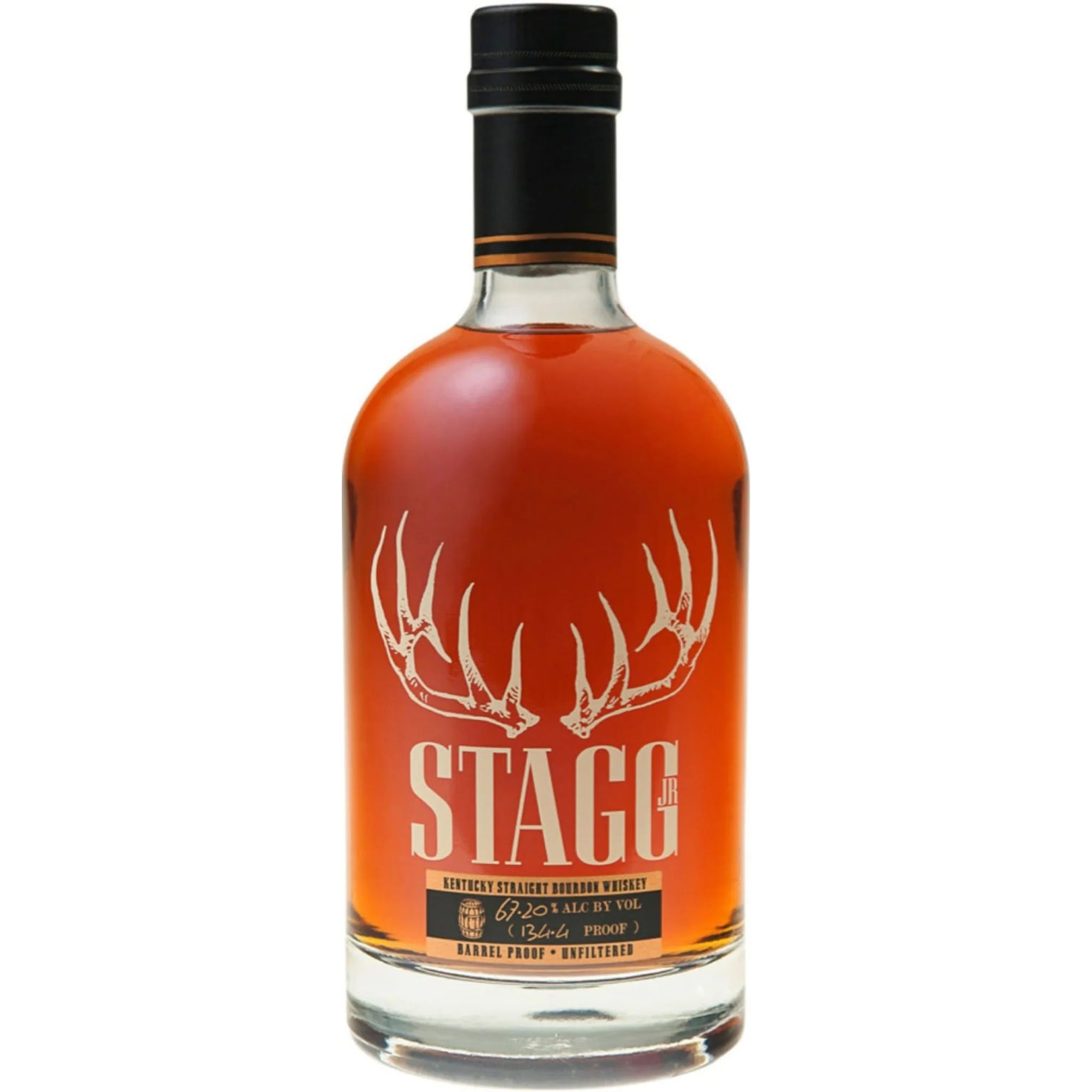 George T. Stagg Jr. Kentucky Straight Bourbon Whiskey bottle from Liquor Geeks, showcasing the label and dark amber liquid inside.