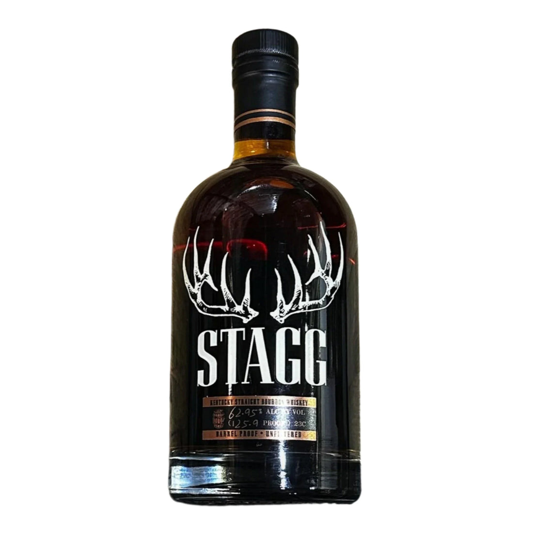 George T. Stagg Jr. Kentucky Straight Bourbon Whiskey bottle, 750ml, with distinctive label and dark amber liquid inside.
