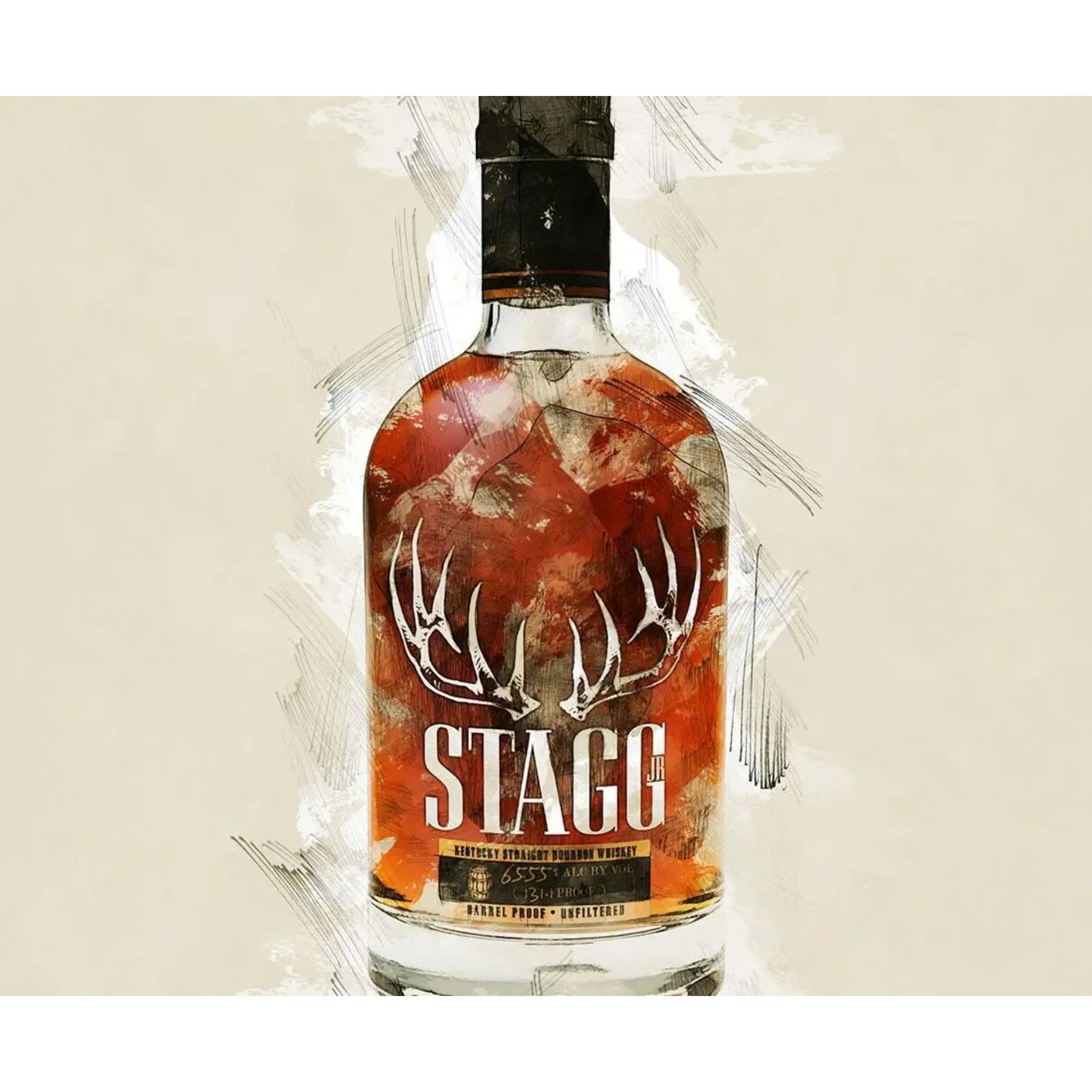 George T. Stagg Jr. Kentucky Straight Bourbon Whiskey bottle with dark label and gold accents, 750ml, Liquor Geeks branded.