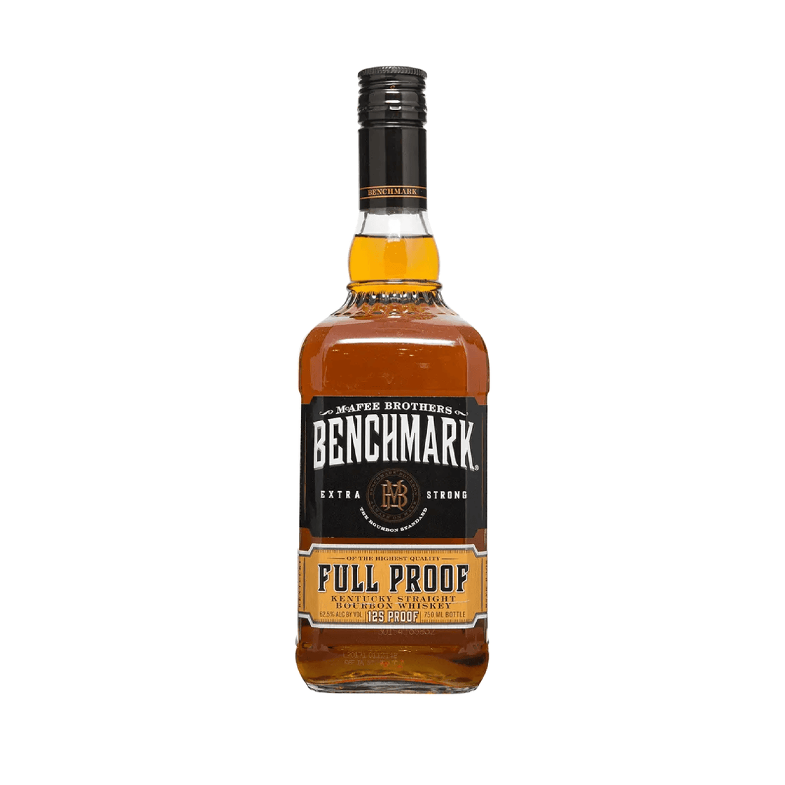 Bottle of Benchmark Full Proof Kentucky Straight Bourbon Whiskey by Liquor Geeks, with clear label and amber-colored liquid inside.