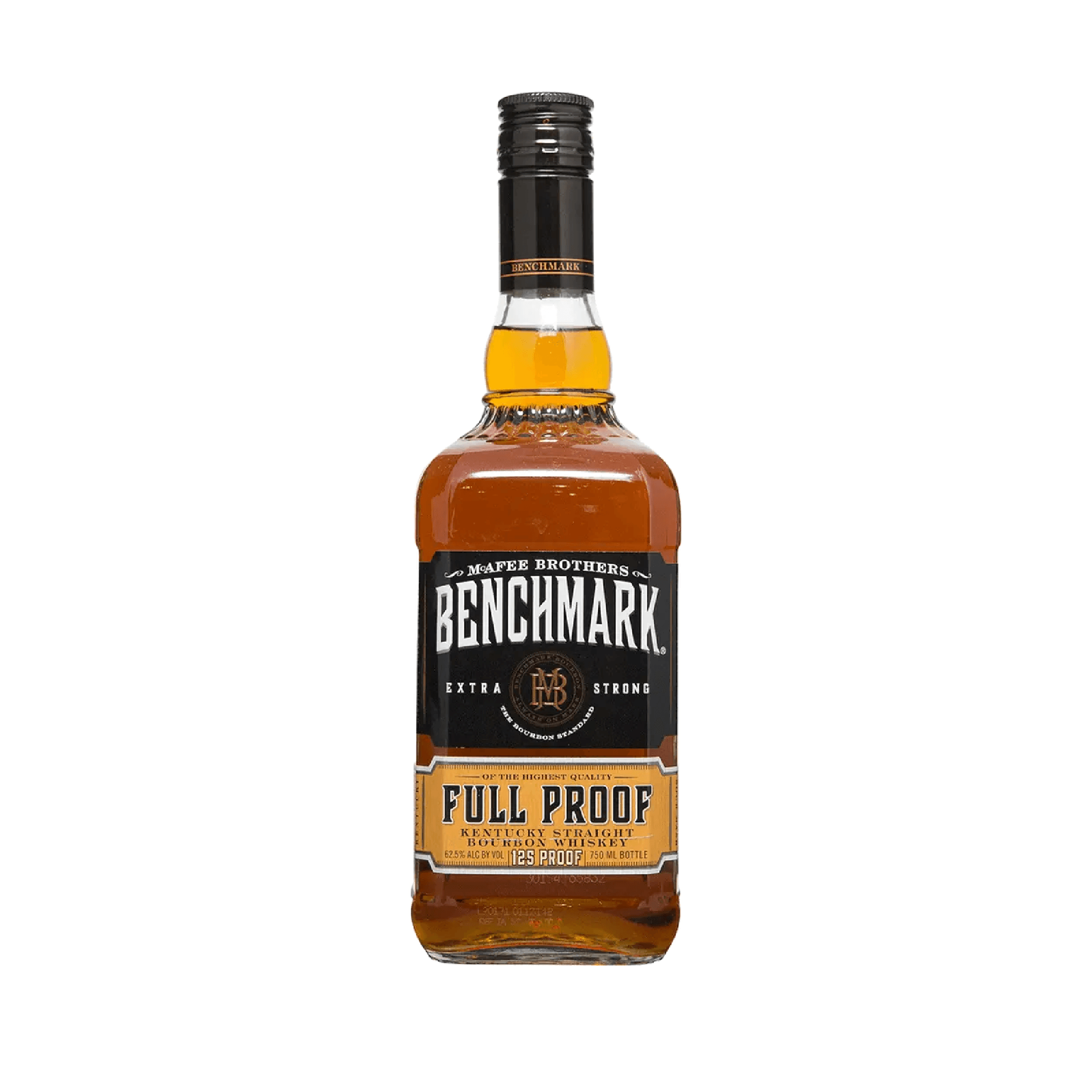 Bottle of Benchmark Full Proof Kentucky Straight Bourbon Whiskey by Liquor Geeks, with clear label and amber-colored liquid inside.