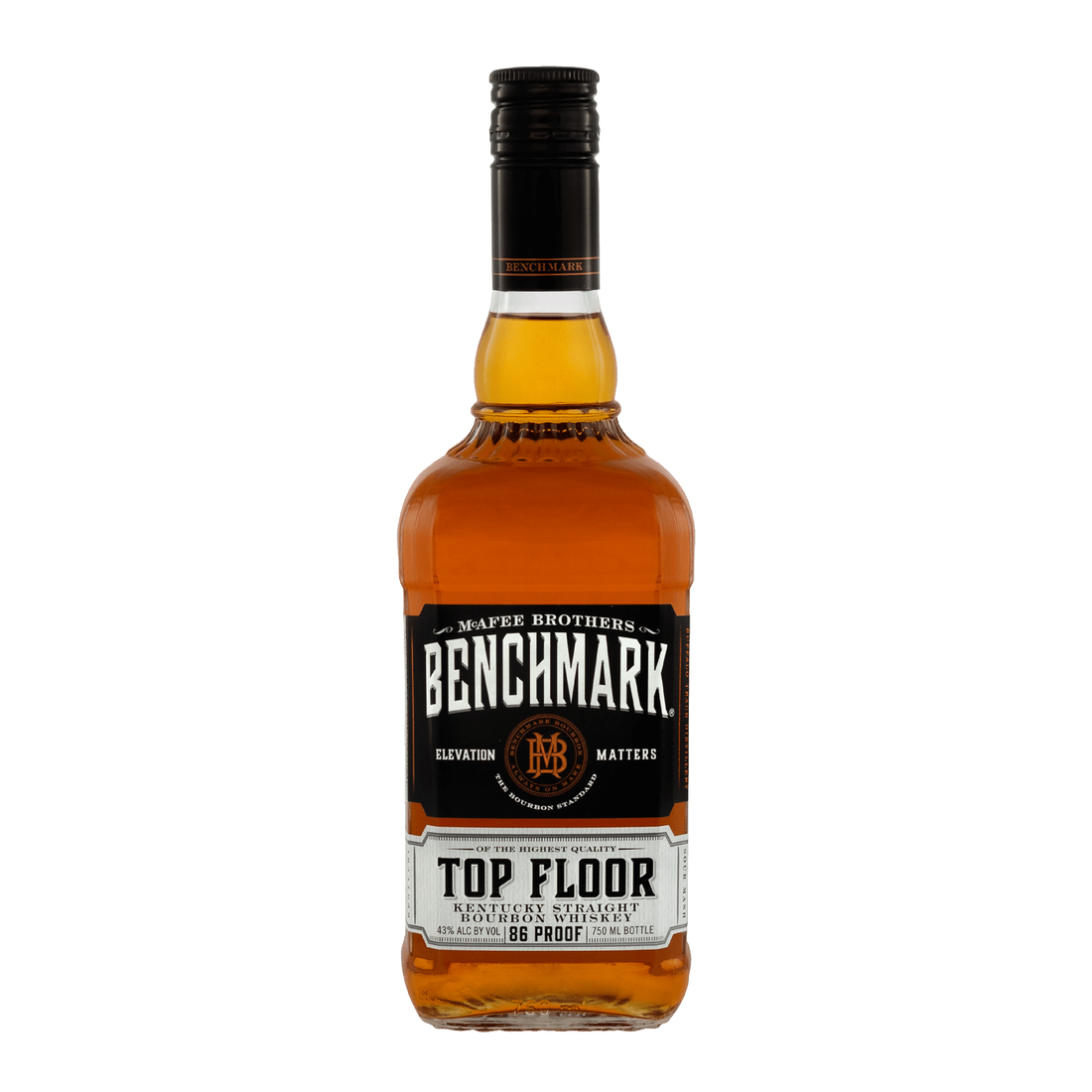 Bottle of Benchmark Top Floor Kentucky Straight Bourbon Whiskey, Liquor Geeks brand in 750ml size, with a dark amber liquid inside.
