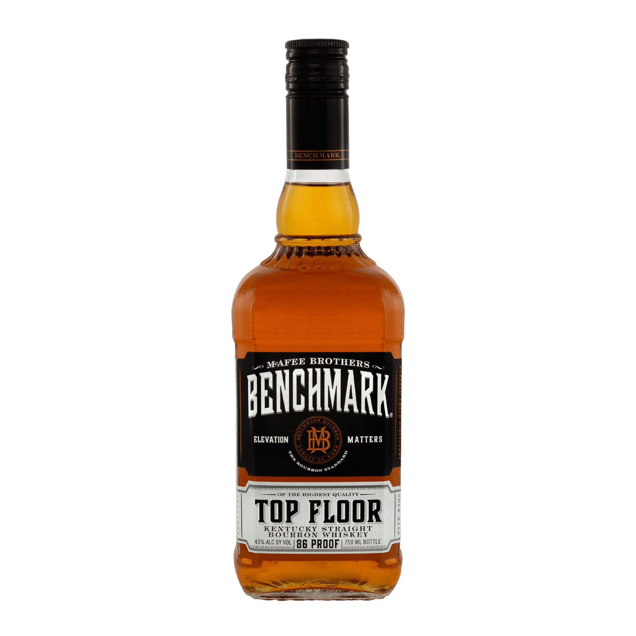 Bottle of Benchmark Top Floor Kentucky Straight Bourbon Whiskey, Liquor Geeks brand in 750ml size, with a dark amber liquid inside.