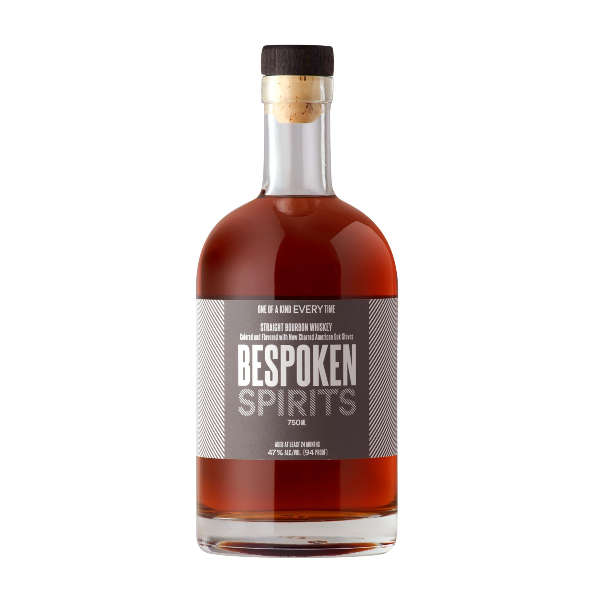 Bespoken Spirits 2 Year Bourbon Whiskey bottle from Liquor Geeks, 750ml, showcasing the label and amber-colored bourbon liquid.