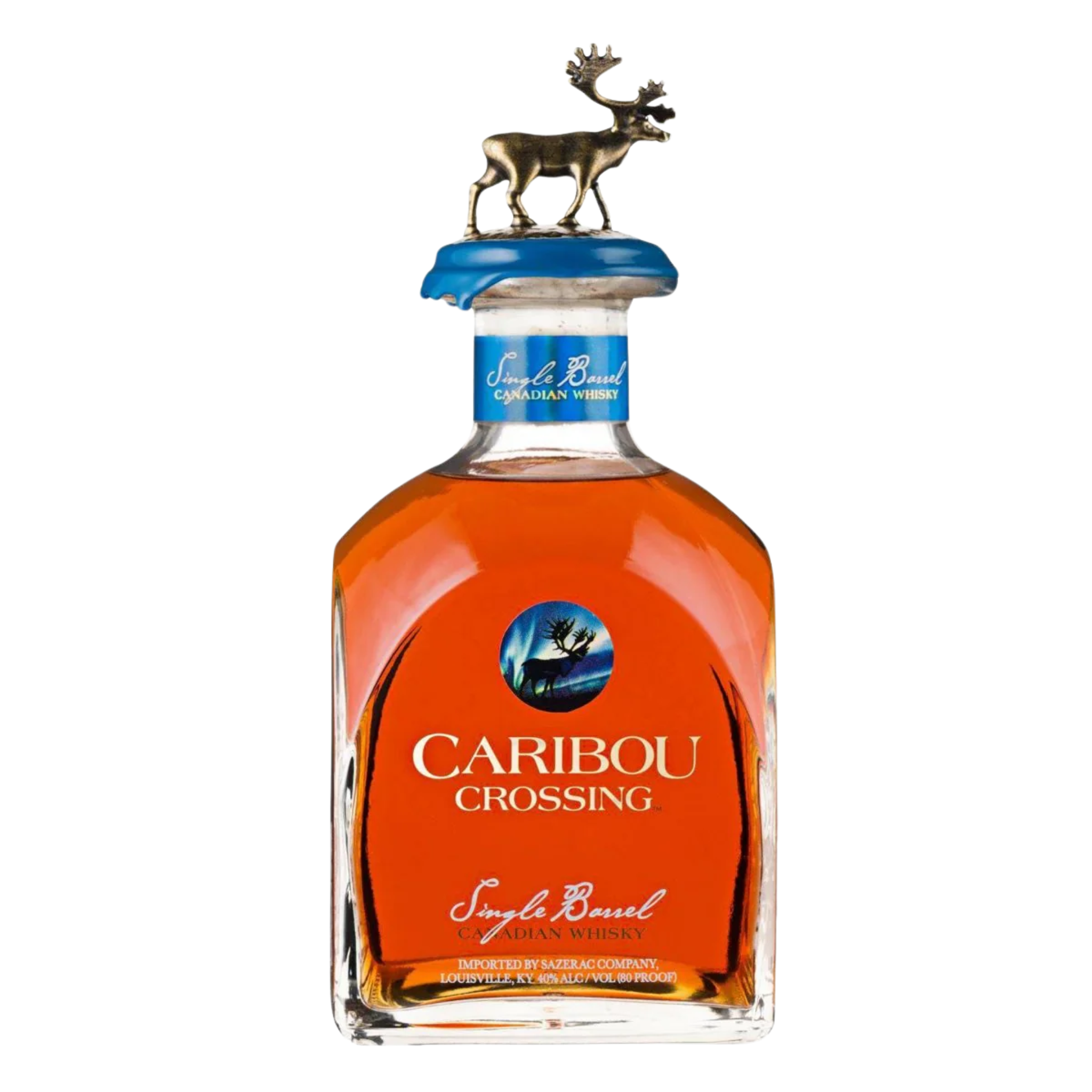 Liquor Geeks Caribou Crossing Whiskey Single Barrel 750ml bottle with label on a wooden surface.