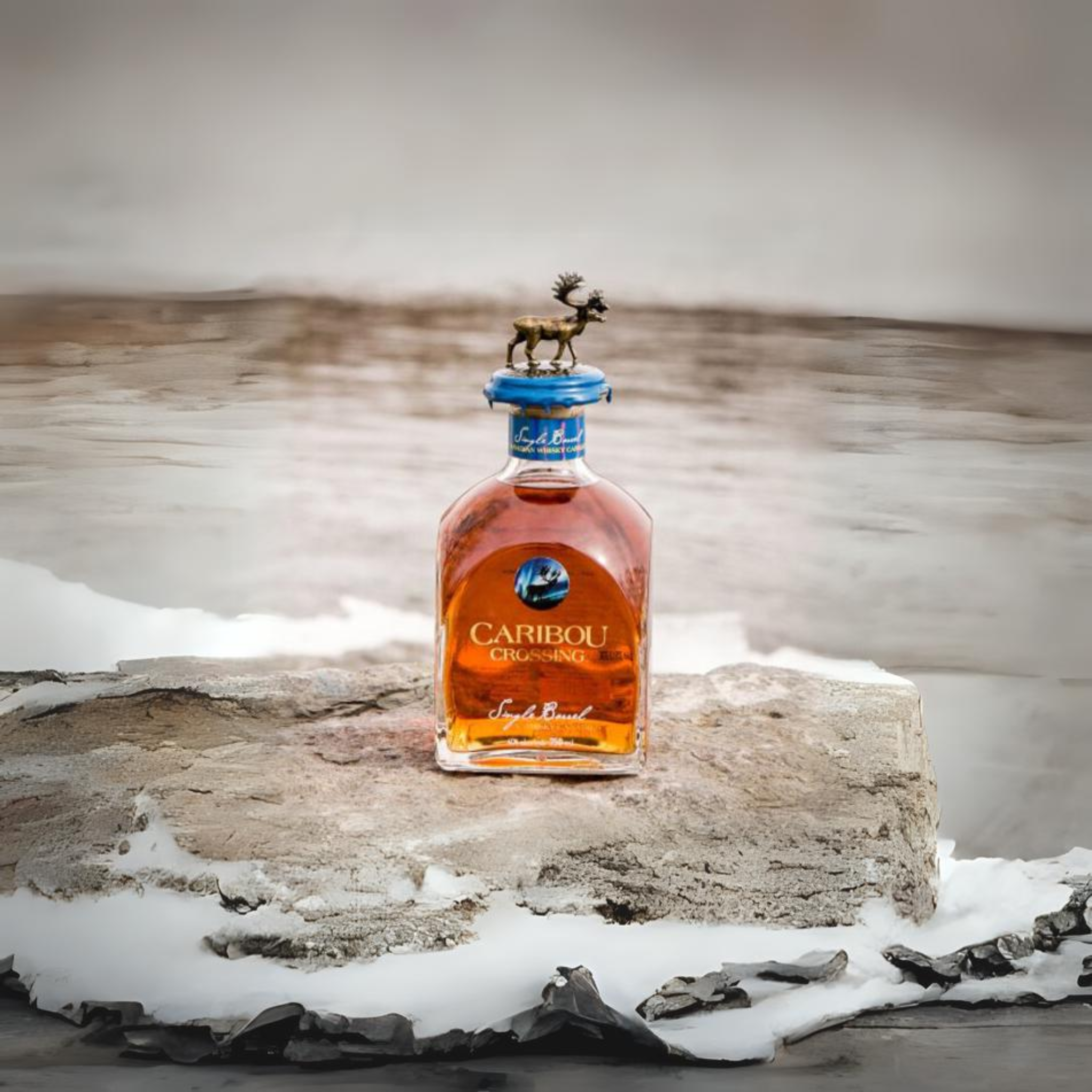Bottle of Caribou Crossing Whiskey Single Barrel by Liquor Geeks, 750ml bottle with label and amber liquid inside