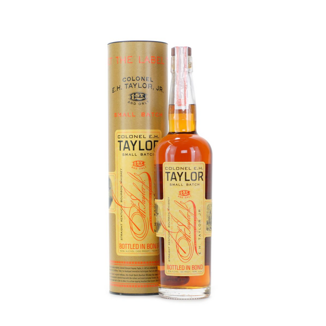 Bottle of Colonel E.H. Taylor Small Batch Bourbon Whiskey from Liquor Geeks, featuring label details and amber-colored liquid inside.