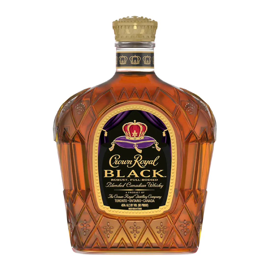 Dark bottle of Crown Royal Canadian Whiskey Black by Liquor Geeks with 750ml label, showcasing the sleek black whiskey container.