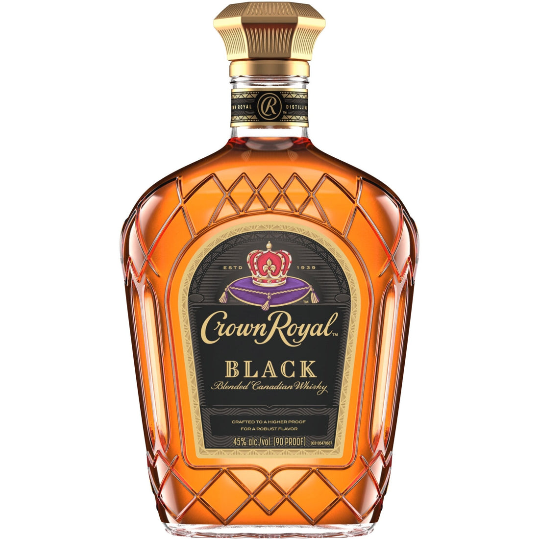Crown Royal Canadian Whiskey Black in a 750ml bottle, displayed with its distinctive dark label and packaging.