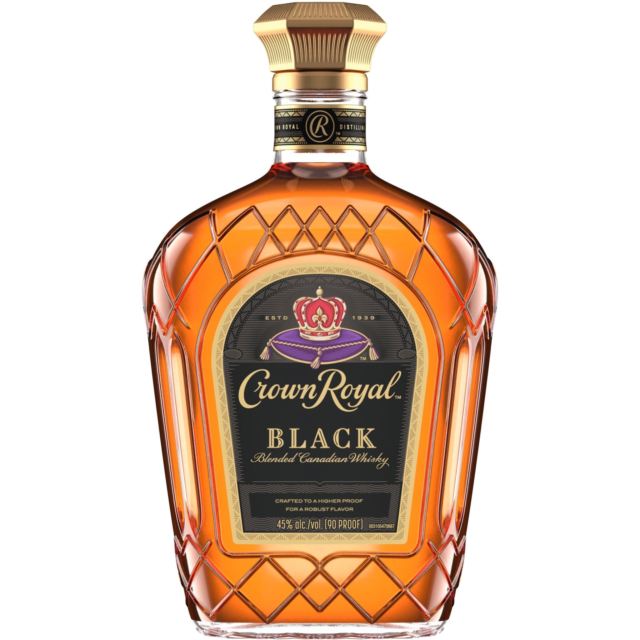 Crown Royal Canadian Whiskey Black in a 750ml bottle, displayed with its distinctive dark label and packaging.