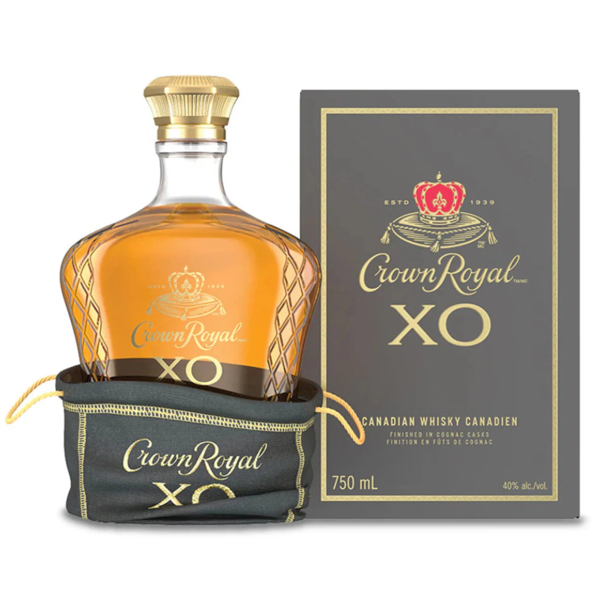 Crown Royal Canadian Whiskey XO bottle on a wooden surface, showcasing the Liquor Geeks branding and 750ml size.