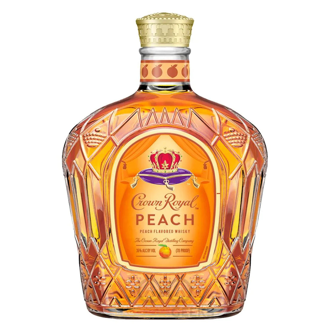 Crown Royal Peach Canadian Whiskey bottle with golden label and peach flavor branding, 750ml size, by Liquor Geeks