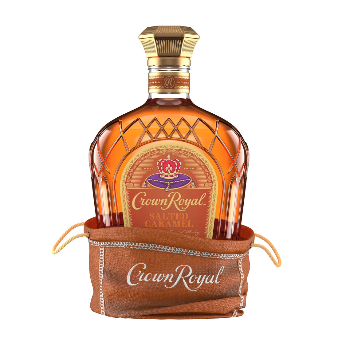 Bottle of Crown Royal Salted Caramel Flavored Whiskey by Liquor Geeks, 750 ml, featuring caramel-colored whiskey in a branded bottle.