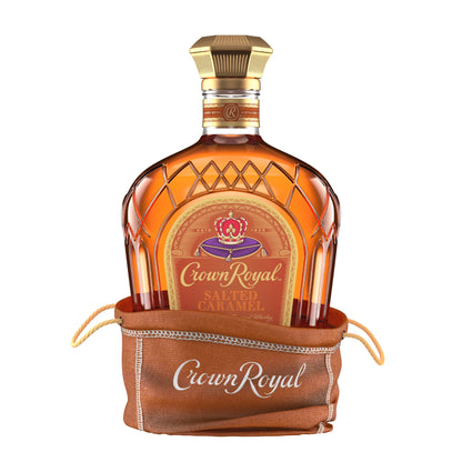 Bottle of Crown Royal Salted Caramel Flavored Whiskey by Liquor Geeks, 750 ml, featuring caramel-colored whiskey in a branded bottle.