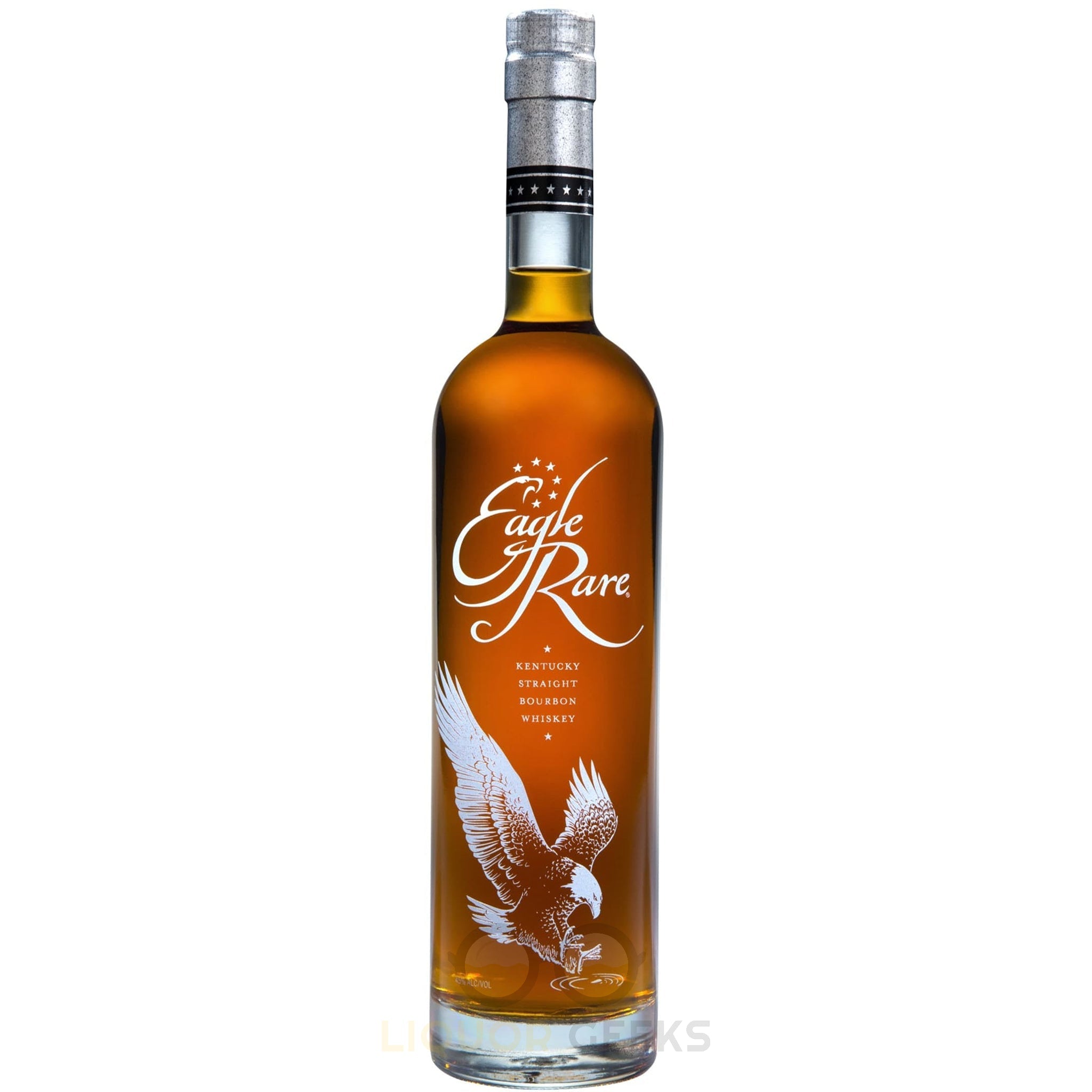 Bottle of Eagle Rare 10 Year Kentucky Straight Bourbon Whiskey with a dark amber liquid and label, displayed on a wooden surface.