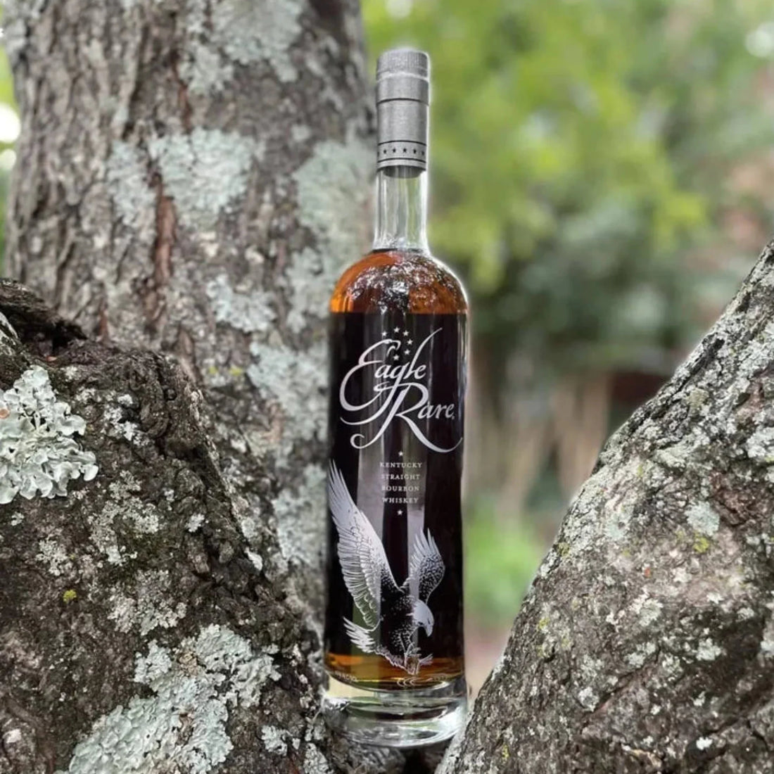 Bottle of Eagle Rare 10 Year Kentucky Straight Bourbon Whiskey from Liquor Geeks, with a dark amber liquid inside.