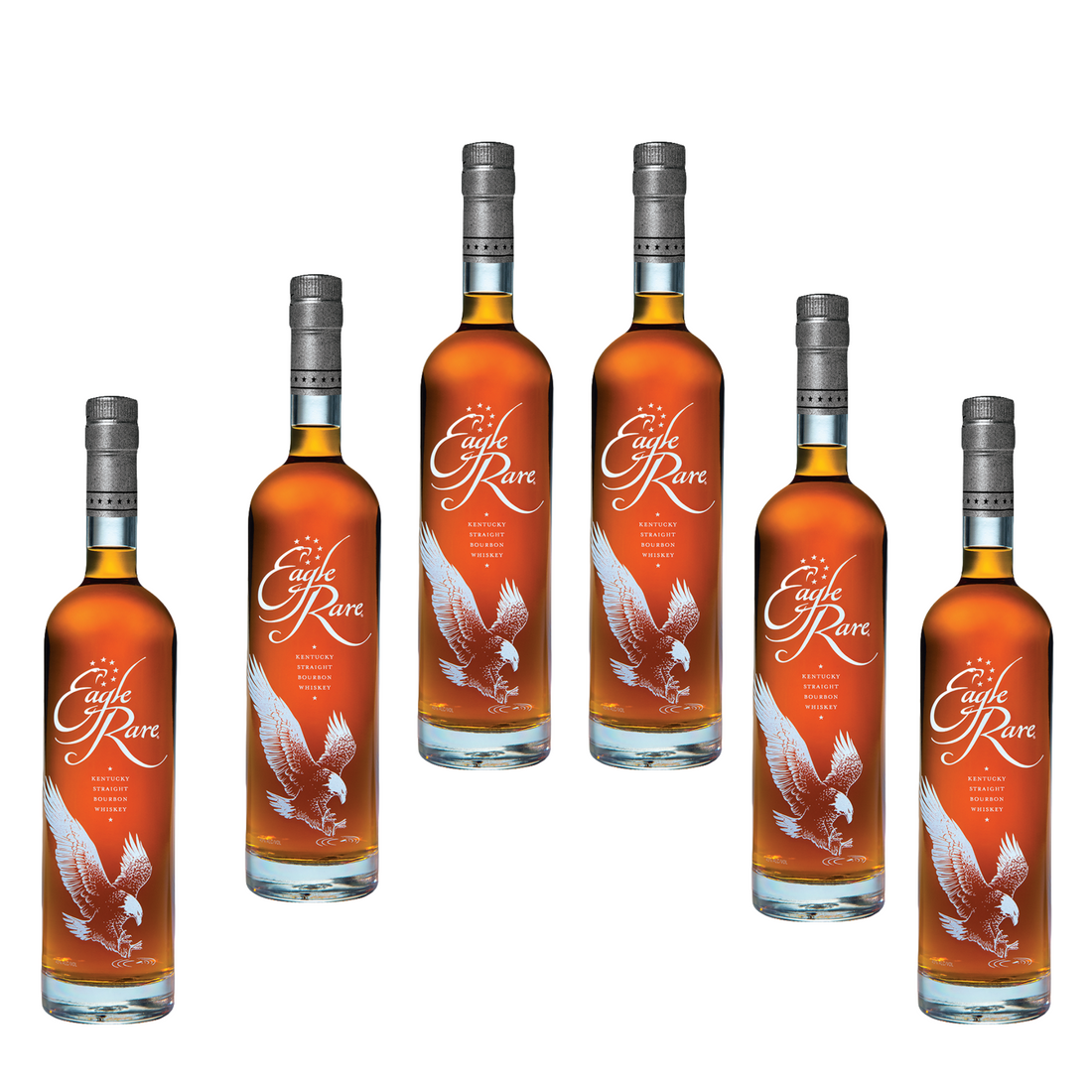 Bottle of Eagle Rare 10 Year Kentucky Straight Bourbon Whiskey by Liquor Geeks, showing the label and amber-colored bourbon in the bottle.