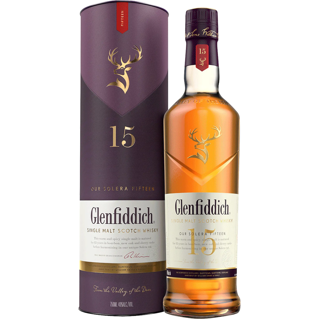 Glenfiddich 15 Year Old Single Malt Scotch Whiskey bottle with label, clear glass, and cap, displayed on a neutral background.