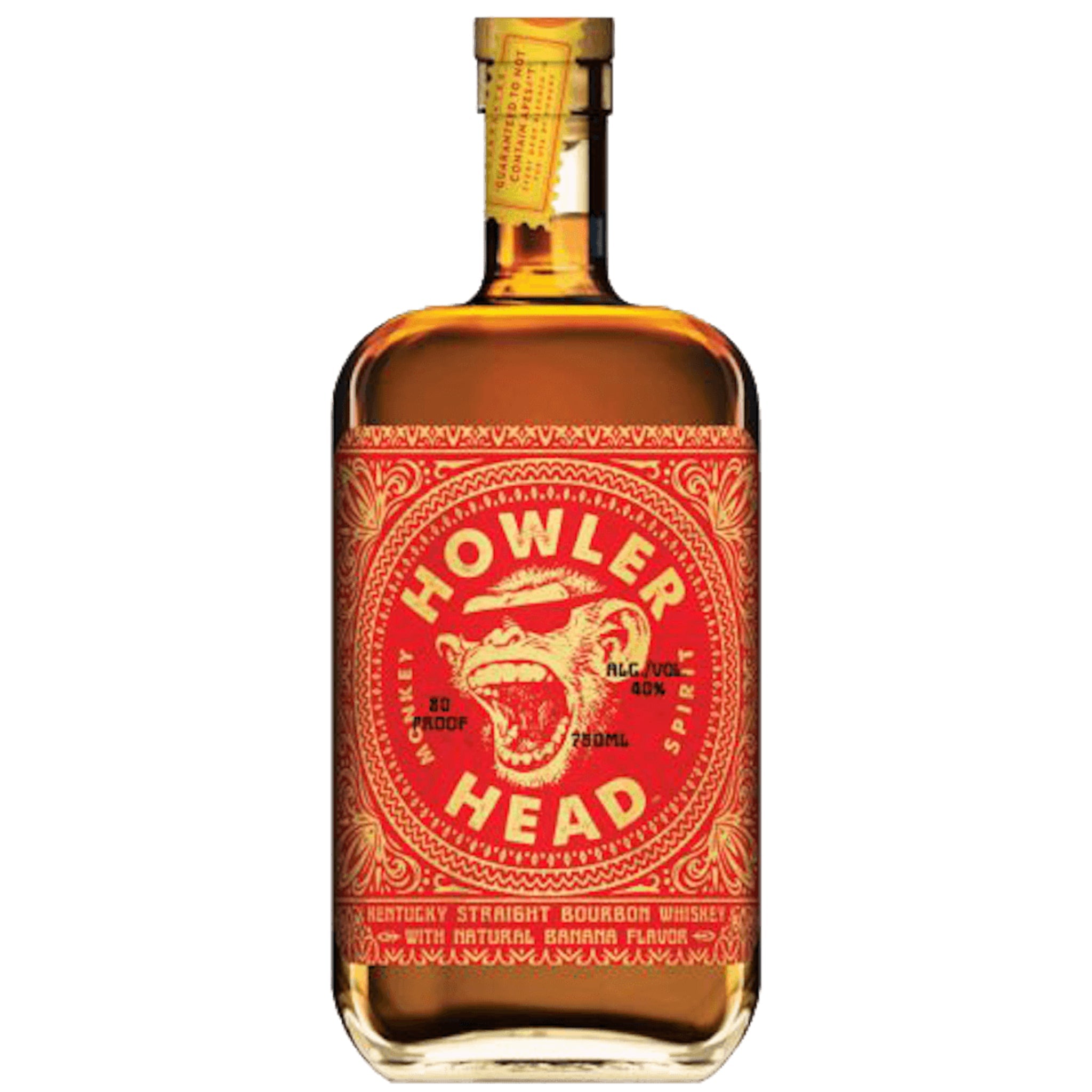 Bottle of Howler Head Banana Whiskey from Liquor Geeks, featuring a 750ml bottle with a banana-flavored whiskey label.