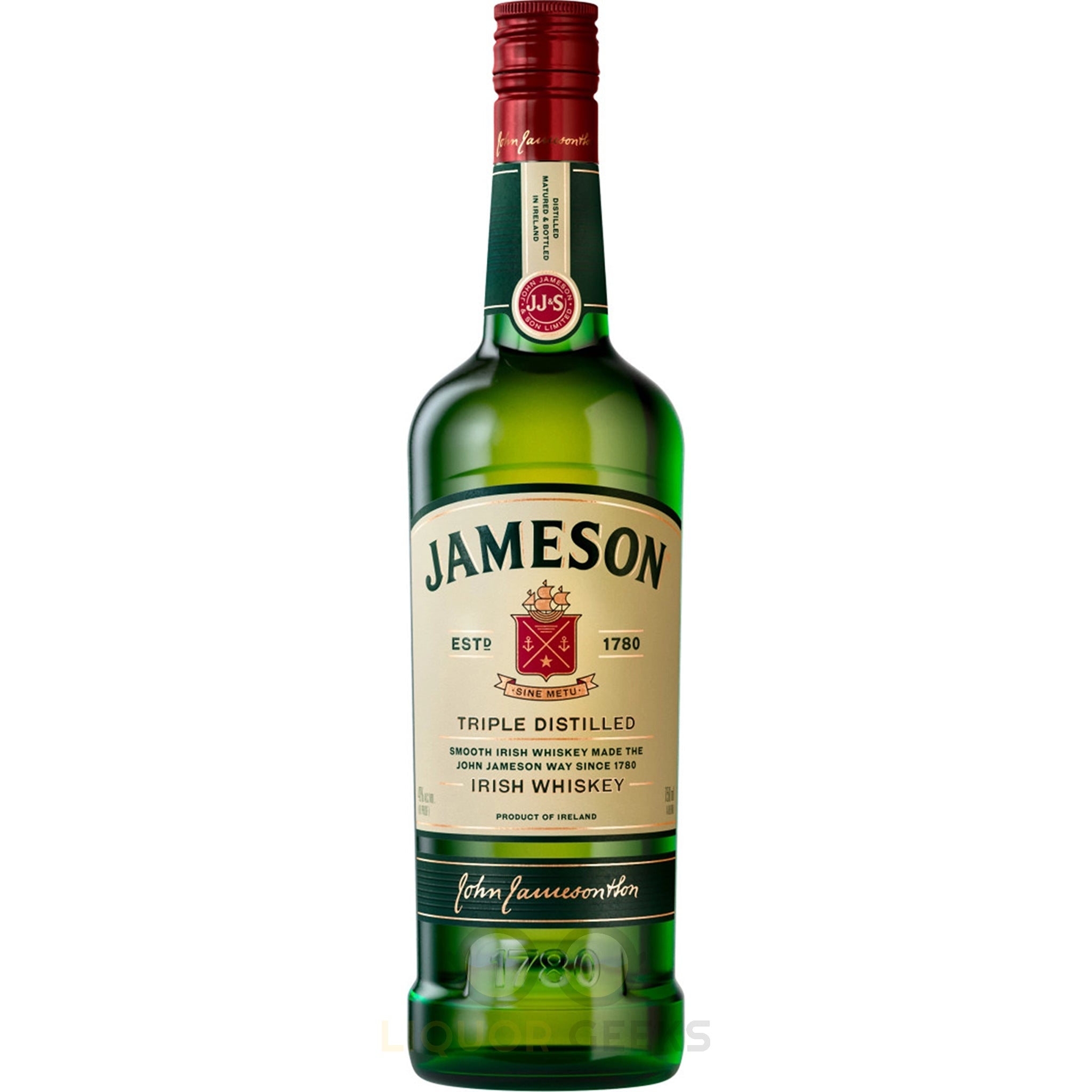 Jameson Blended Irish Whiskey bottle with label, featuring a green design and cork stopper, on a wooden surface.