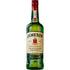 Jameson Blended Irish Whiskey bottle with label, featuring a green design and cork stopper, on a wooden surface.