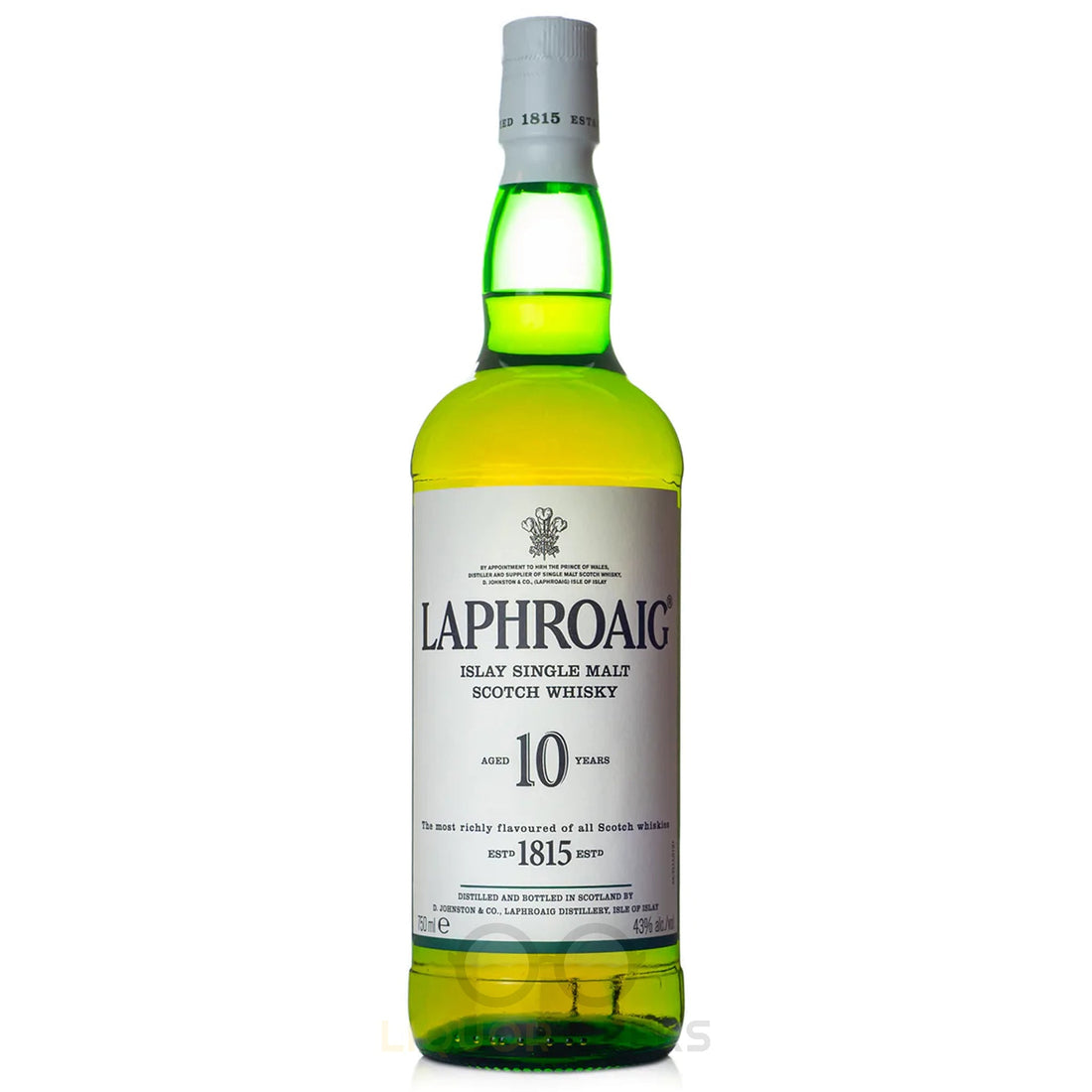 Laphroaig Single Malt Scotch Whiskey in a 750ml bottle, featuring dark amber liquid and a label with traditional branding.