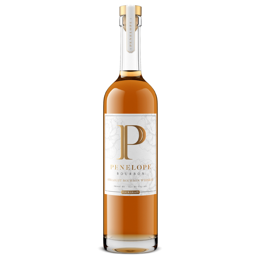 Bottle of Penelope Bourbon Four Grain Whiskey by Liquor Geeks, 750ml, showcasing the amber whiskey inside clear glass.