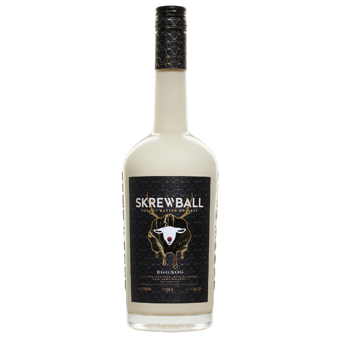 Liquor Geeks Skrewball Eggnog whiskey bottle, 750 ml, featuring a festive label and dark amber liquid in a clear glass bottle.