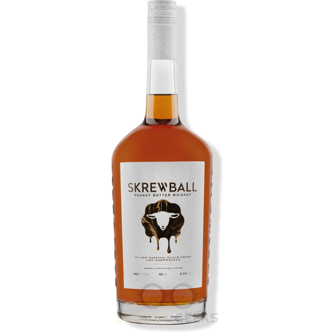 Bottle of Liquor Geeks Skrewball Peanut Butter Whiskey, 750 ml, showcasing the whiskey bottle with label and cap.