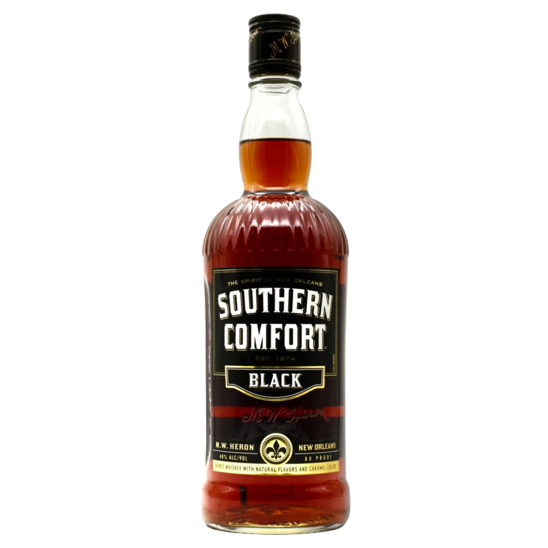 Southern Comfort Black Whiskey in a 750ml bottle from Liquor Geeks, featuring a dark label and rich amber liquid inside.