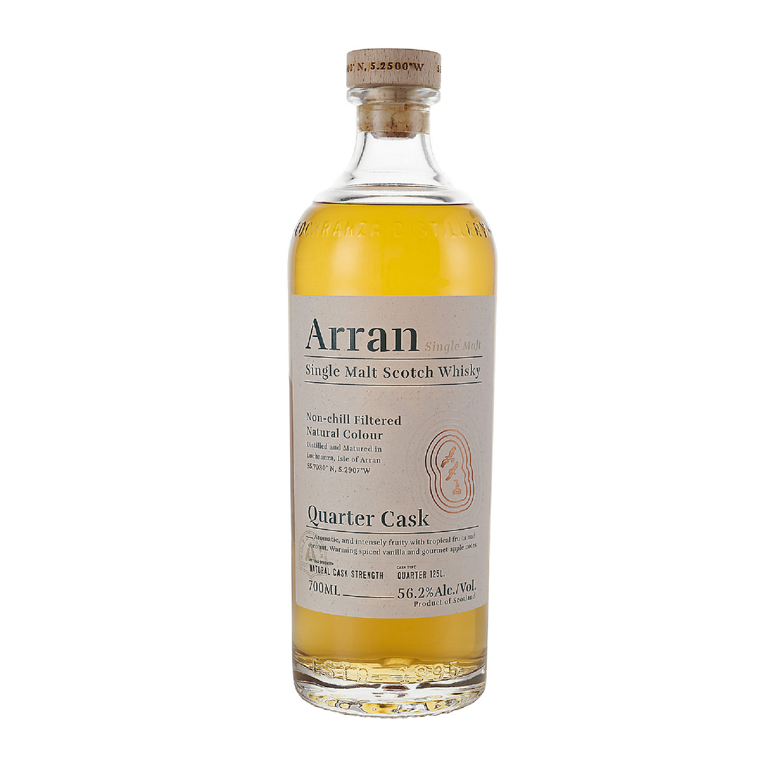 Bottle of Liquor Geeks The Arran Malt Single Malt Scotch Quarter Cask Whiskey in clear glass with label, 750 ml size.