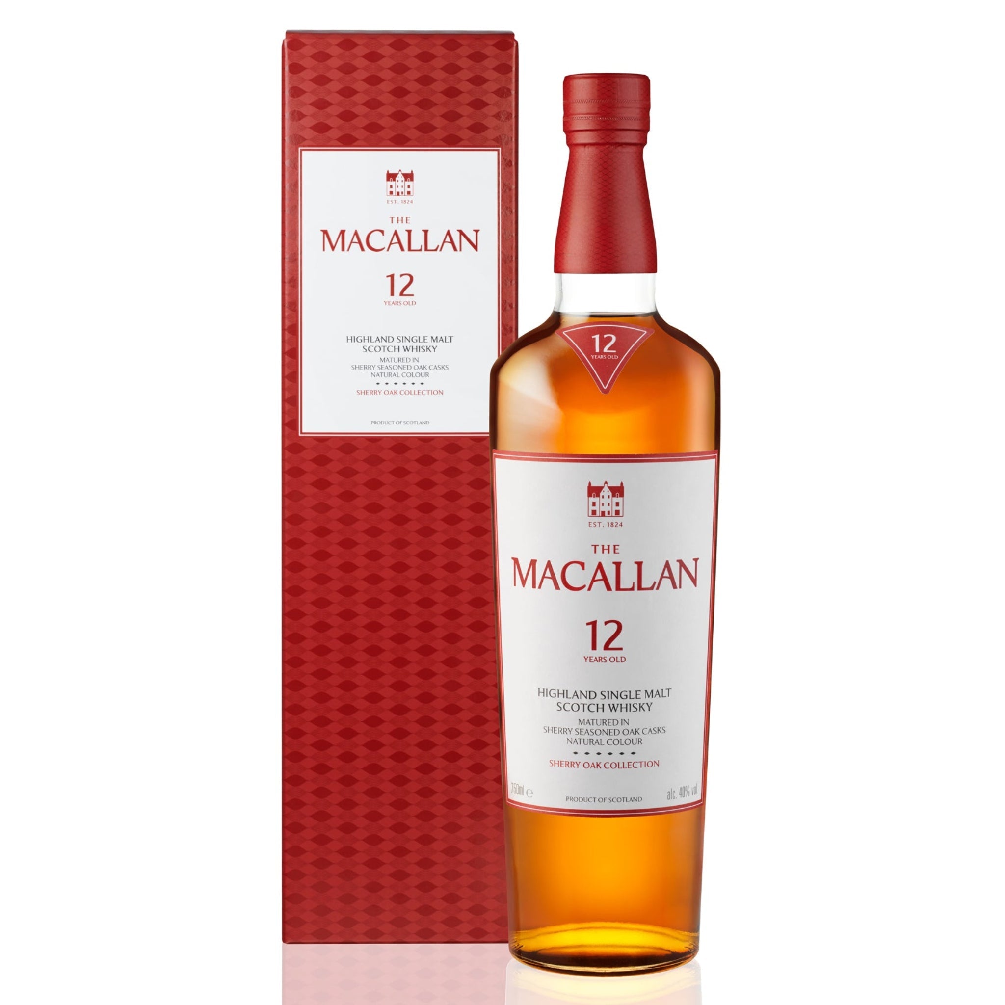 Bottle of The Macallan 12 Year Old Sherry Oak Single Malt Scotch Whiskey by Liquor Geeks, featuring a dark amber liquid and elegant label.