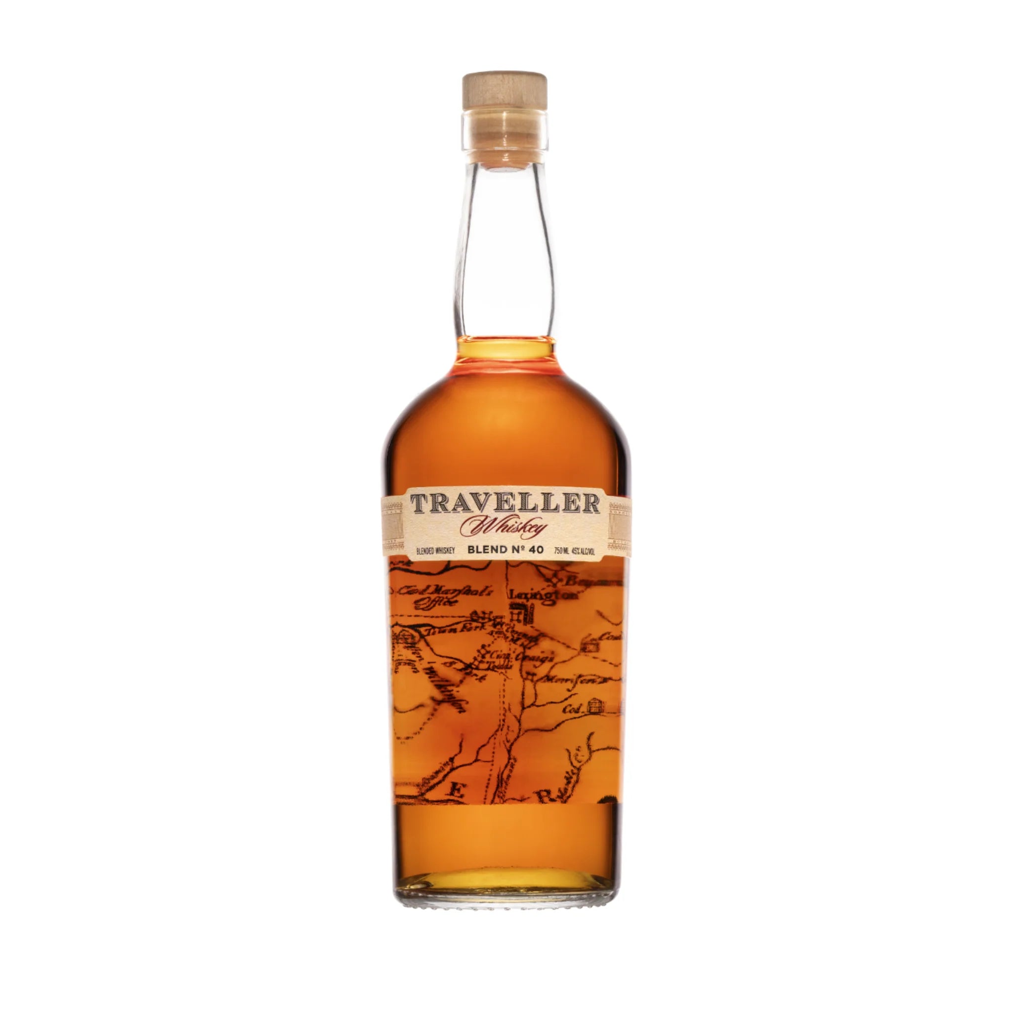 Bottle of Liquor Geeks Traveller Blend No. 40 Whiskey by Chris Stapleton and Buffalo Trace, 750ml, with a dark label and amber liquid inside.