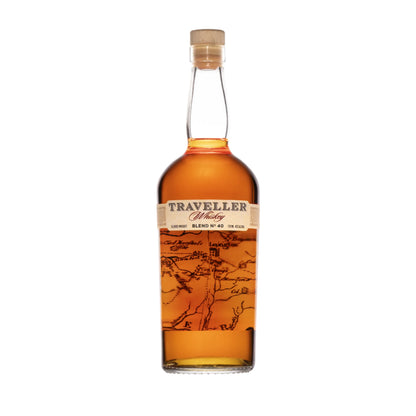 Bottle of Liquor Geeks Traveller Blend No. 40 Whiskey by Chris Stapleton and Buffalo Trace, 750ml, with a dark label and amber liquid inside.