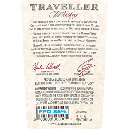 Bottle of Liquor Geeks Traveller Blend No. 40 Whiskey by Chris Stapleton and Buffalo Trace in 750ml bottle, with label visible.