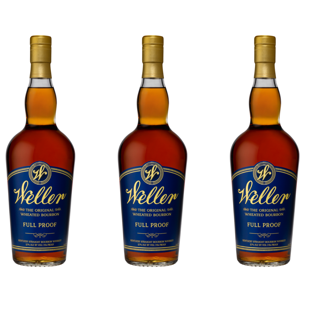 Bottle of W.L. Weller Full Proof whiskey in a clear glass bottle with a label, from Liquor Geeks.