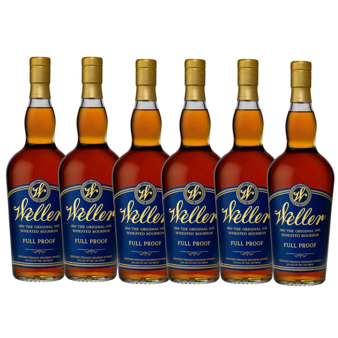 Bottle of W.L. Weller Full Proof whiskey from Liquor Geeks, 750ml, featuring a clear label and amber-colored liquid inside.