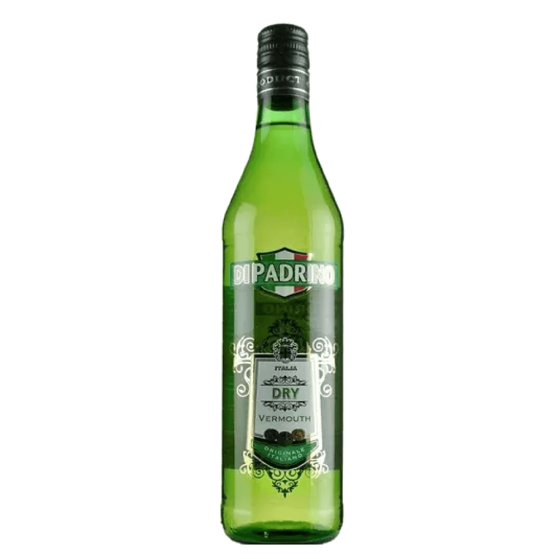 Bottle of Liquor Geeks Di Padrino Dry Vermouth, a 750ml wine bottle with elegant label, showcased on a plain background.