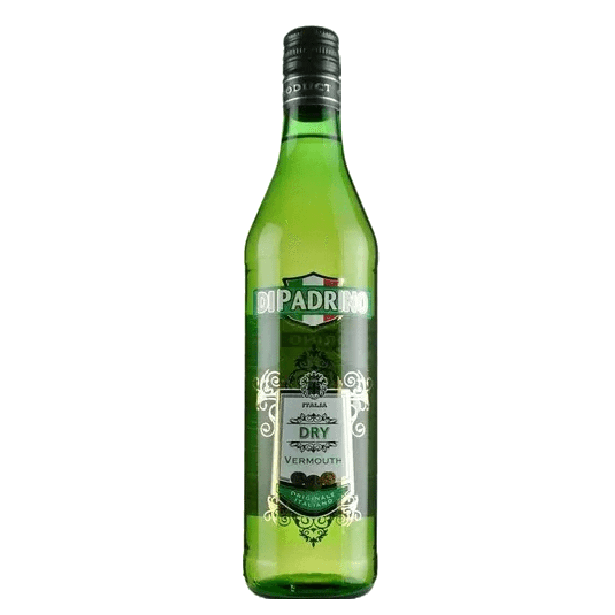 Bottle of Liquor Geeks Di Padrino Dry Vermouth, a 750ml wine bottle with elegant label, showcased on a plain background.