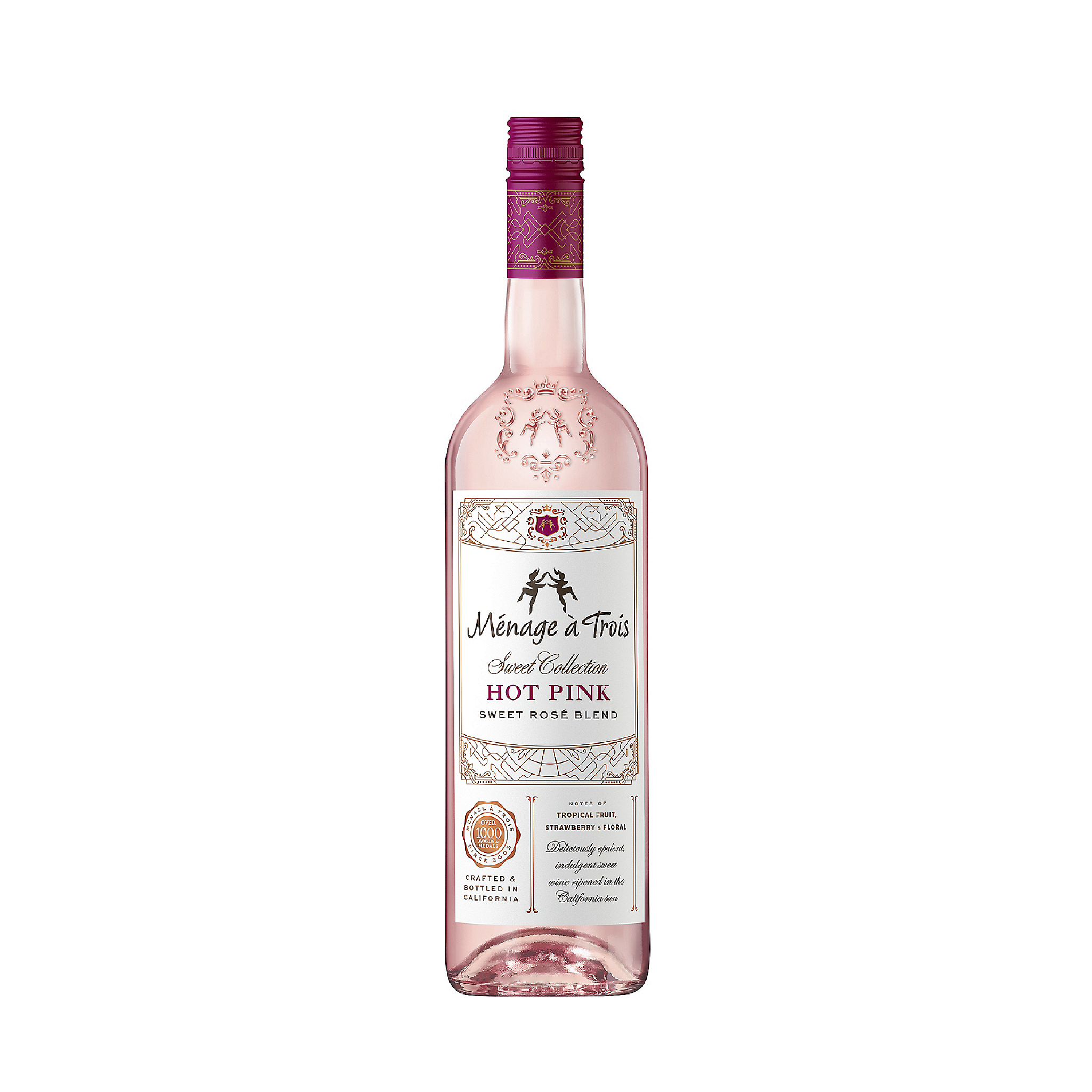 Menage A Trois Hot Pink Sweet Rose wine by Liquor Geeks in 750ml bottle, showcasing vibrant pink color and elegant label.