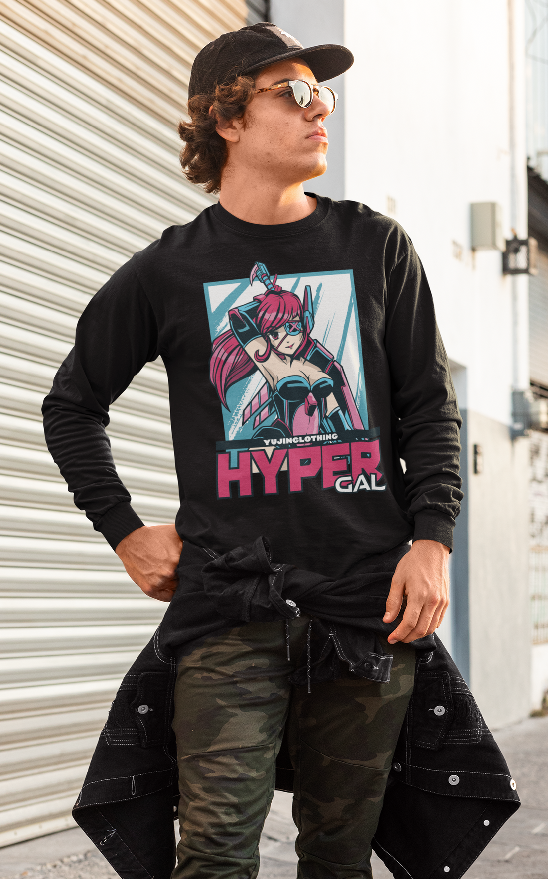 Galaxy Warrior long sleeve T-shirt by Yūjin Clothing featuring a cosmic warrior design on soft fabric.