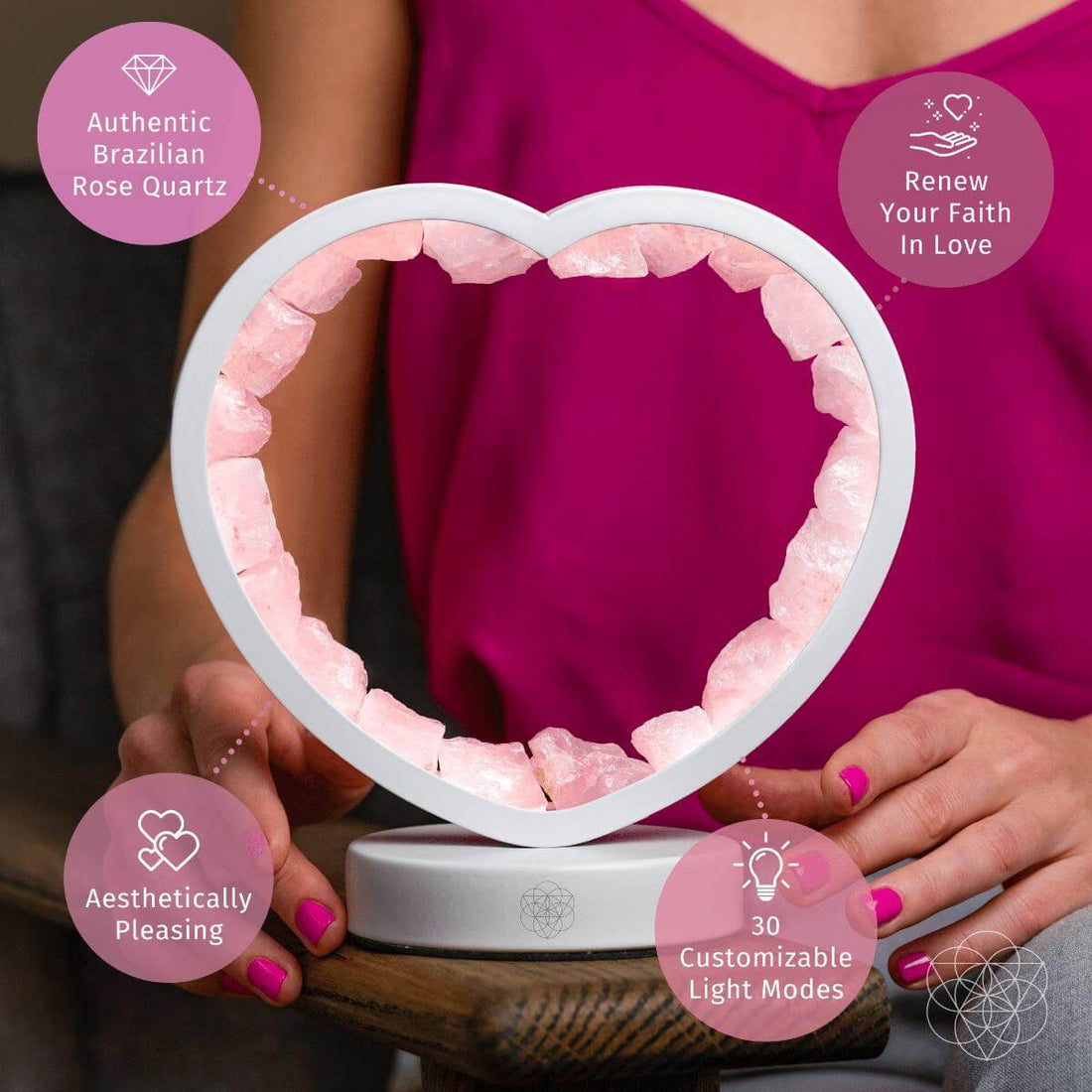 Rose quartz heart-shaped night light from Conscious Items, Love Magnet lamp with a soothing glow and elegant heart design.