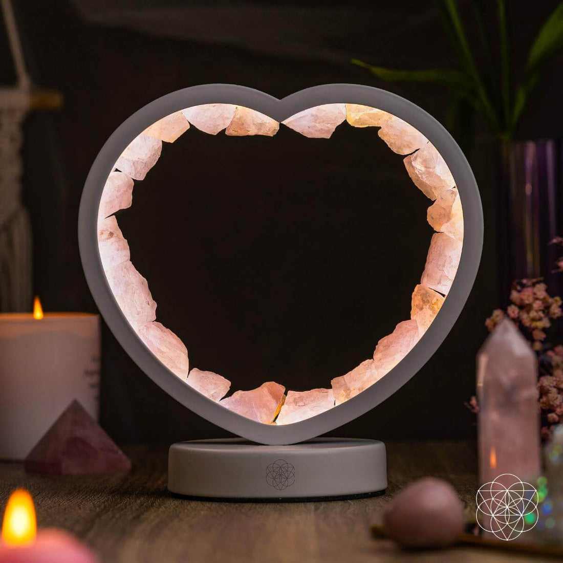 Rose quartz heart lamp night light by Conscious Items, featuring a love magnet design and soft glow for romantic ambiance.