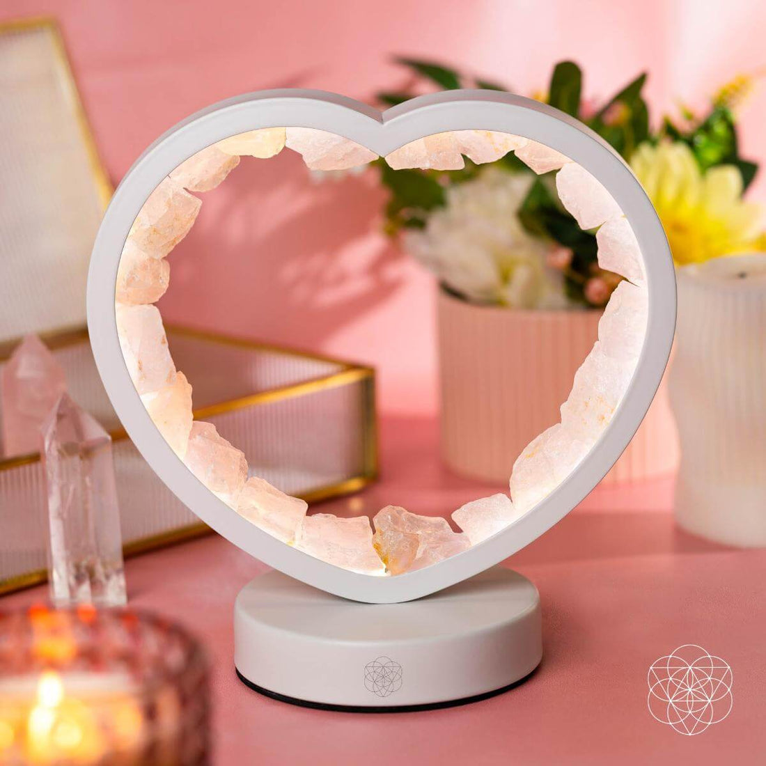 Rose quartz heart night light from Conscious Items, featuring a love magnet design, perfect for gentle ambient illumination.