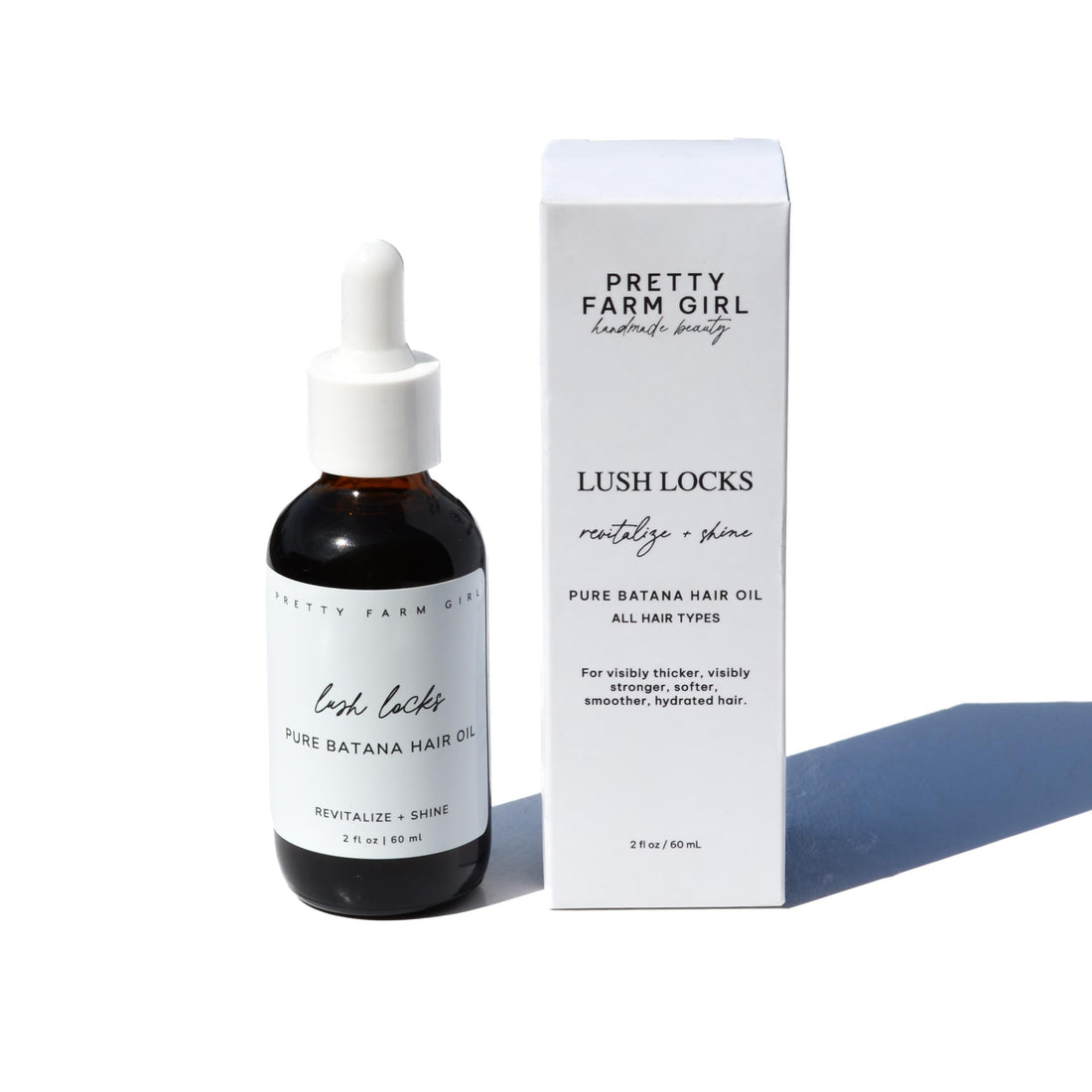 Bottle of Pretty Farm Girl Lush Locks Batana Hair Oil for natural hair care, showcasing the pure, nourishing hair oil in a clear container.