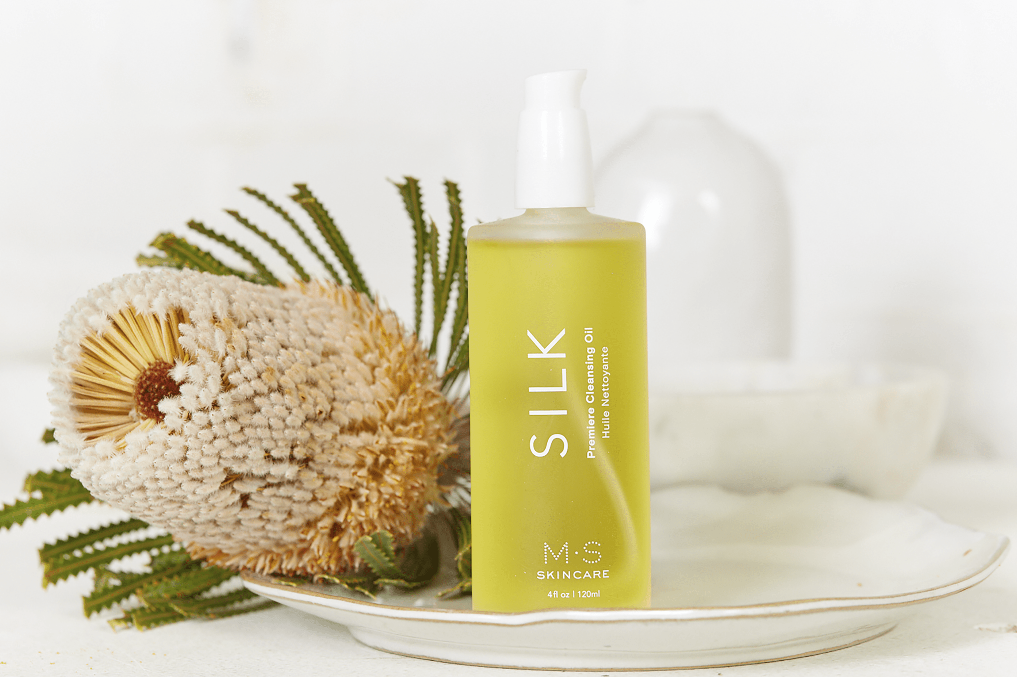 M.S Skincare Silk Ayurvedic Facial Oil in a glass bottle with dropper, highlighting natural ingredients for glowing skin.