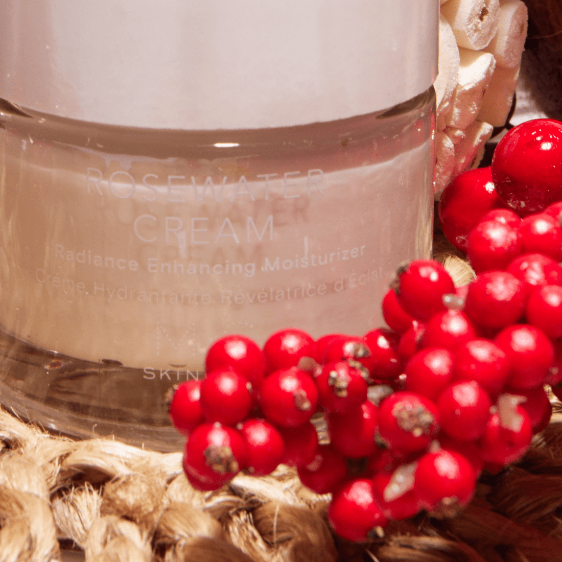 M.S Skincare Rosewater Cream face moisturizer in a jar, with a soft pink hue and floral design on the label.
