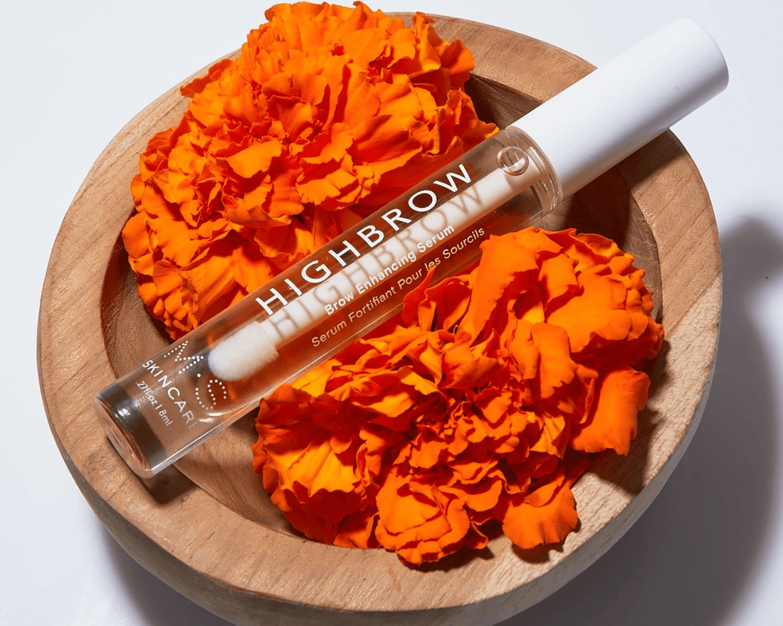 M.S Skincare Highbrow hair oil bottle with dropper, featuring sleek packaging and golden accents for nourishing hair treatment.
