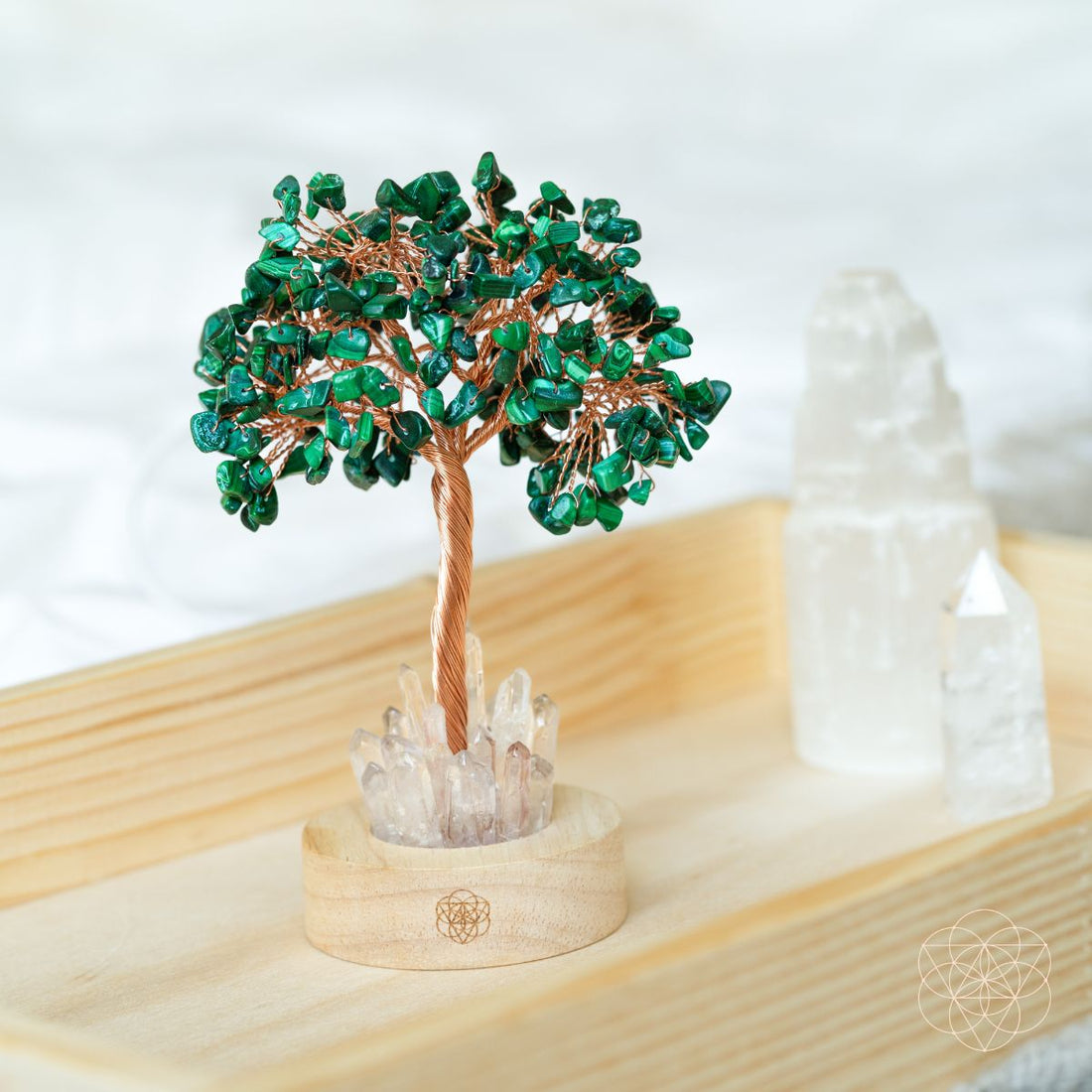Malachite Anxiety Tree Lamp night light by Conscious Items with a green malachite stone design and tree-shaped structure.